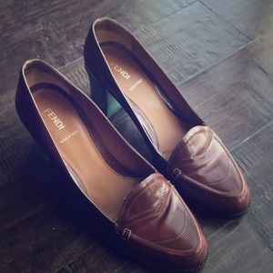 Fendi Loafers 40.5 Brown w Turquoise Heels